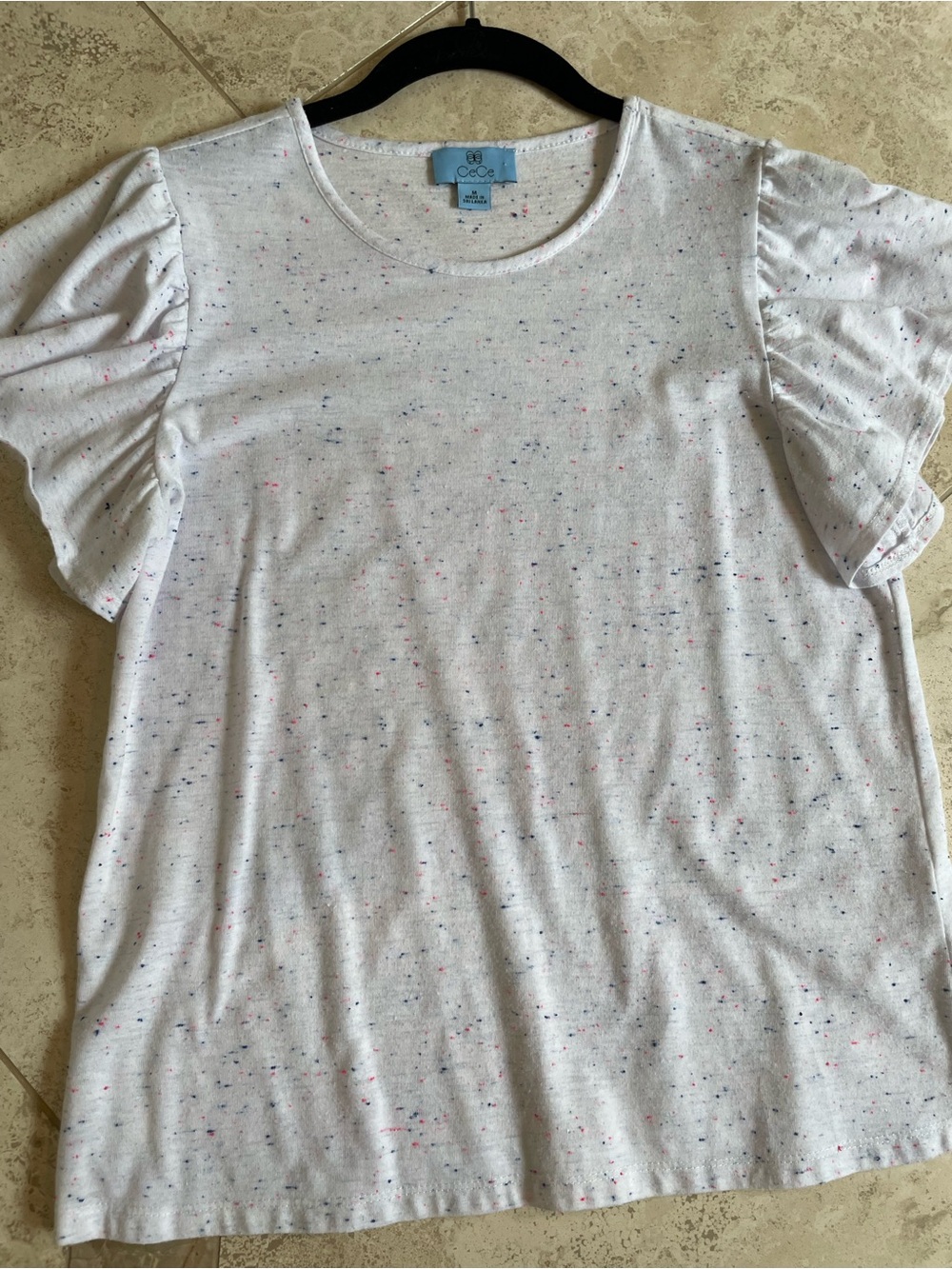CeCe White Speckled Flutter Sleeve Tee with Pastel Flecks